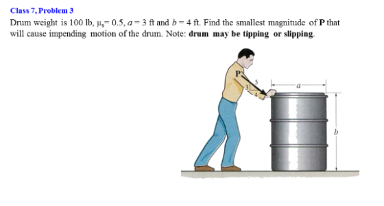 Drum weight is 100 lb, mu_3 = 0.5, a = 3 ft and b