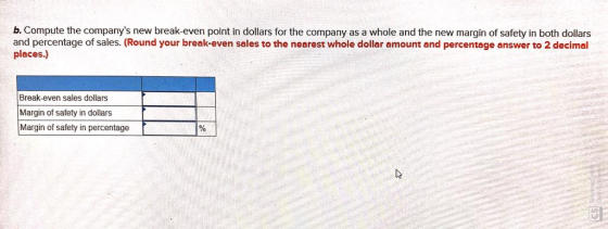 b. Compute the companys new break-even point in dollars for the company as a whole and the new margin of safety in both doll