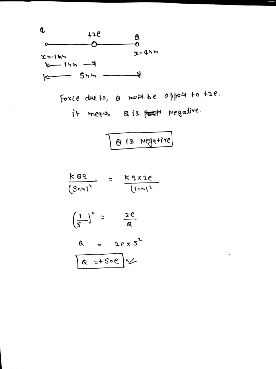 q t20 x=4hm L--hm k- inn 5nm Force due to a must be opport to tre. Negative. it means Q is post & is negative K Qq (Sump? kq