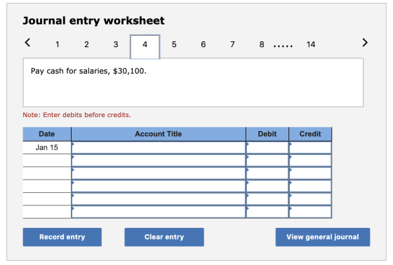 Journal entry worksheet K1 > 3 2 4 5 6 7 8 14 Pay cash for salaries, $30,100 Note: Enter debits before credits. Account Title