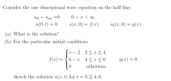 Consider the one dimensional wave equation on the half line: Ut(x,0) = g(x) Utt - Uzx= 0 0 < < u(0,t) = 0 u(x,0) = f(x) (a) W