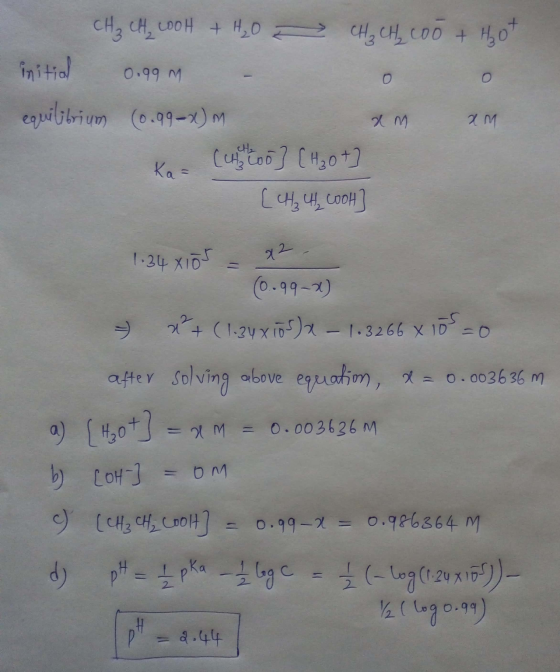 CH₃ CH₂ 200H + H₂O - CH₂ CH₂ 200 + Hot initial 0.99 m - 0 0 equilibrium (0.99-x) Ko (chi too] [H3O+] [CH₂ LH, Look] am 7 м 1: