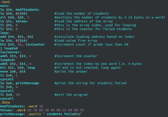 .text main: la $to, Noofstudents lw $t0, 0($t0) #load the number of students sll $to, $to, 2 #multiply the number of students