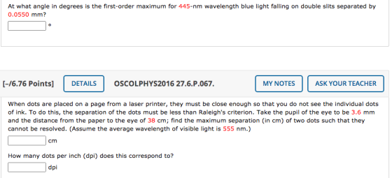 At what angle in degrees is the first-order maximum for 445-nm wavelength blue light falling on double slits separated by 0.0