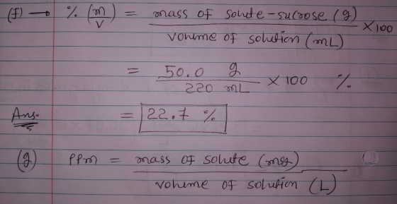 mass of Soute-sucoose (9) X100 V Vonme of soutien (mL) 50.0 220 L 7%. X100 22.+ % Ans mass oF soluute (m PPTO Vohime 0f sotut