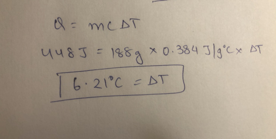 a = MCDT 4 485 = 188 x 0.384 J/g °CX AT 16.21°C = DT