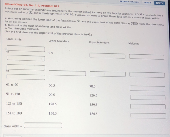 PRINTER VERSION BACK NEXT 8th-ed Chap 02, Sec 2.2, Problem 017 A data set on monthly expenditures (rounded to the nearest dollar) incurred on fast food by a sample of 500 households has a minimum value of $2 and a maximum value of $176. Suppose we want to group these data into six classes of equal widths. a. Assuming we take the lower limit of the first class as $1 and the upper limit of the sixth class as $180, write the class limits for all six classes. b. Determine the class boundaries and class widths c. Find the class midpoints. (For the first class set the upper limit of the previous class to be 0.) Class limits Lower boundary Upper boundary Midpoint to 0.5 to 90.5 61 to 90 91 to 120 121 to 150 60.5 90.5 120.5 150.5 120.5 150.5 180.5 151 to 180 Class width
