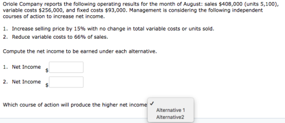 Oriole Company reports the following operating results for the month of August: sales $408,000 (units 5,100), variable costs