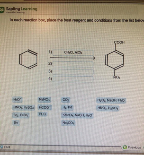 Sapling Learning macmillan learned In each reaction box, place the best reagent and conditions from the list belov COOH 1) CH