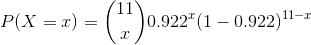 P(X = 1) = (1975) 0.922(1 – 0.922)11-