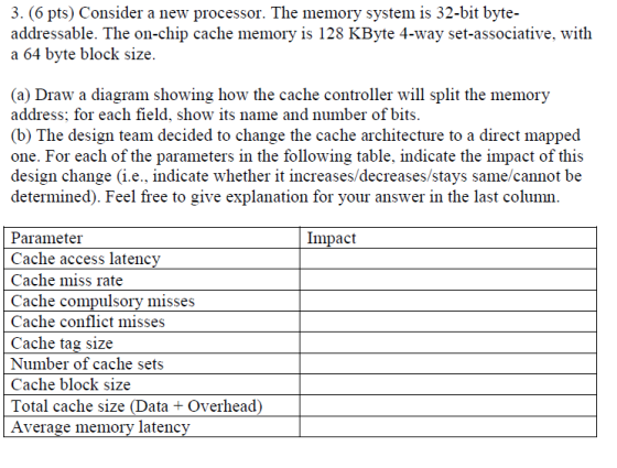3. (6 pts) Consider a new processor. The memory sy