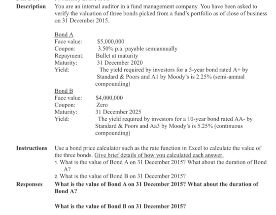 Description You are an internal auditor in a fund management company. You have been asked to verify the valuation of three bonds picked from a funds portfolio as of close of business on 31 December 2015 Bond A Face value Coupon Repayment Bullet at maturity Maturity Yield: $5,000,000 3.50% pa. payable semiannually 31 December 2020 The yield required by investors for a 5-year bond rated A+ by Standard & Poors and A1 by Moodys is 2.25% (semi-annual compounding) Bond B Face value Coupon Maturity Yield $4,000,000 Zero 31 December 2025 The yield required by investors for a 10-year bond rated AA- by Standard & Poors and Aa3 by Moodys is 5.25% (continuous compounding) Instructions Use a bond price calculator such as the rate function in Excel to calculate the value of the three bonds. Give brief details of how you calculated each answer What is the value of Bond A on 31 December 2015? What about the duration of Bond A? 2. What is the value of Bond B on 31 December 2015 What is the value of Bond A on 31 December 2015? What about the duration of Bond A? Responses What is the value of Bond B on 31 December 2015?