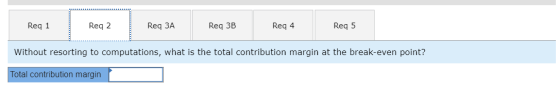 Req 1 Req 2 Req 3A Req 3B Reg 4 Req 5 Without resorting to computations, what is the total contribution margin at the break-e