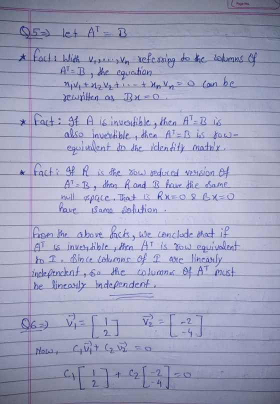 Page No 05= let AT - B * fact! With &,,...,n refersing to the columns AT=B, the equation niv + Hz Va t .- + Hp n = 0 can be r