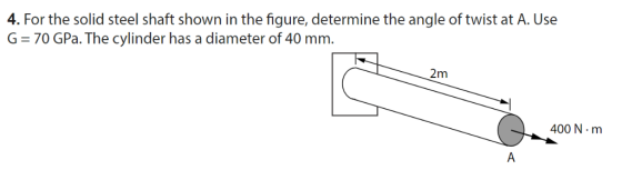 4. For the solid steel shaft shown in the figure, determine the angle of twist at A. Use G-70 GPa. The cylinder has a diamete