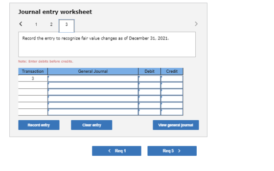 Journal entry worksheet Record the entry to recognize fair value changes as of December 31, 2021. Note: Enter debits before c
