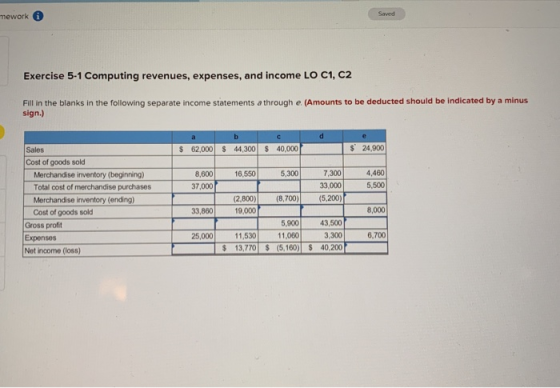 mework Exercise 5-1 Computing revenues, expenses, and income LO C1, C2 Fill in the blanks in the following separate income st