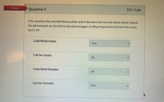 Partial Question 5 0.5/1 pts If Xc denotes the colorblindness allele and X denotes the normal vision allele; Match the phenot