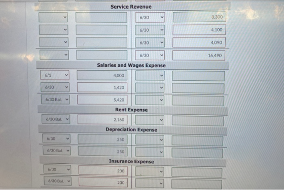 Service Revenue 6/30 8,300 6/30 4,100 > 6/30 4,090 6/30 16,490 Salaries and Wages Expense 6/1 4,000 6/30 1.420 6/30 Bal. 5,42
