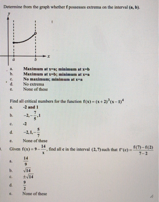 Determine from the graph whether f possesses extrema on the interval (a, b). od oooo Maximum at x=a; minimum at x=b Maximum a