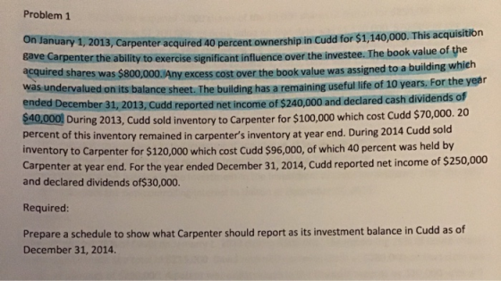 Problem 1 anuary 1, 2013, Carpenter acquired 40 percent ownership in Cudd for $1,140,000. This acquisition arpenter the abili
