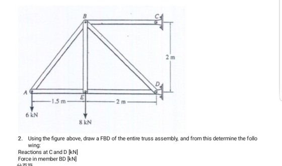 1.5 m 2 m- 6 kN 8 kN Using the figure above, draw a FBD of the entire truss assembly, and from this determine the follo wing 2. Reactions at C and D kN Force in member BD [kN]