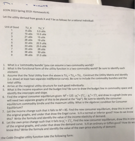 ECON 2023 Spring 2019: Homework #1 Let the utility derived from goods X and Y be as follows for a rational individual: Unit of Good TUX TU_Y 8 utils 15 utils 21 utils 26 utils 30 utils 33 utils 35 utils 36 utils 36 utils 5.5 utils 10.5 utils 15 utils 19 utils 22.5 utils 25.5 utils 28 utils 30 utils 31.5 utils 2 4 6 8 9 1. 2. What is a commodity bundle (you can assume a two-commodity world)? What is the functional form of the utility function in a two-commodity world? Be sure to identify each element. 3. Assume that the Total Utility from the above is TU, TU+TU,. Construct the Utility Matrix and identify (i.e. draw) at least two separate indifference curves. Be sure to include the commodity bundles and the total utility Arrive at the marginal utility structure for each good individually. What is the income equation and the budget line? Be sure to draw the budget line in commodity space and identify the intercepts and slope. Find the original consumer equilibrium given: Mo-12$ : po: 29, : p. 1%, and draw i will need two separate graphs of this to be placed at the top equilibrium commodity bin Equilibrium? 4. 5. n a graph (note you 6. dle and the maximum utility. What is the algebraic condition for Consumer 7. Let the income change such that it falls to M-8$. Find the new consumer equilibrium, draw this in one of the original graphs, and under that draw the Engel curve. Is X a normal or inferior good? How do we know this? Write the formula and identify the value of the income elasticity of demand. Let the own-price change such that it falls to pt: 1% Find the new consumer equilibrium, draw this in one of the original graphs, and under that draw the demand curve. Is X an ordinary or Giffen good? How do we know this? Write the formula and identify the value of the own-price elasticity of demand. 8, the Cobb-Douglas utility function take the following form: