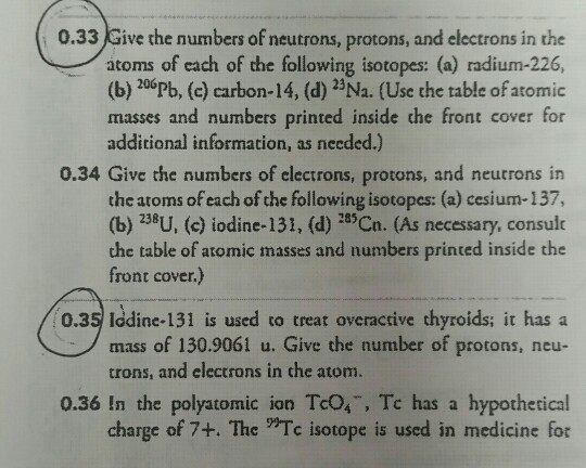 0.33 Give the numbers of neutrons, protons, and electrons in the atoms of each of the following isotopes: (a) radium-226 (b)2