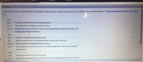 The following transactions and adjusting entries were completed by Legacy Furniture Co during a three year period wted to the