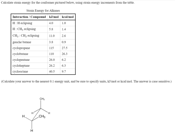 Calculate strain energy for the conformer pictured below, using strain energy increments from the table. Strain Energy for Al