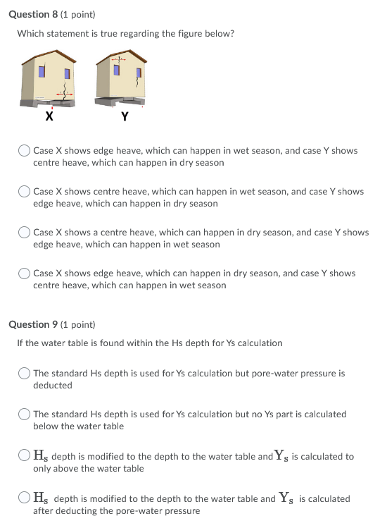 Question 8 (1 point) Which statement is true regarding the figure below? х Y Case X shows edge heave, which can happen in wet