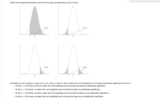Sketch the sampling distribution and show the area corresponding to the p-value. P.value P.value P-value P.value (d) Based on