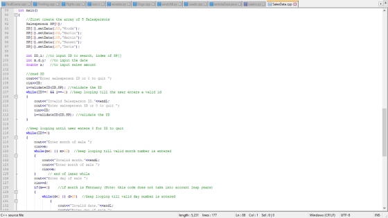 casino pyesData.cpp int nain) //tirst create the array of 5 Salespersons Salesperson SPT5] SP [0].setData (i03, Woods) SP [