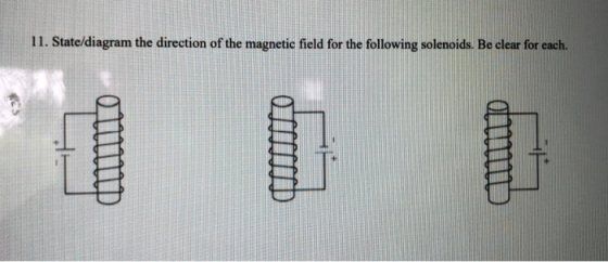 11. State/diagram the direction of the magnetic field for the following solenoids. Be clear for each. oferir