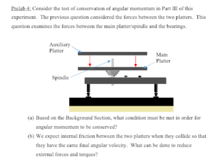 Prelab 4: Consider the test of conservation of angular momentum in Part III of this experiment. The previous question considered the forces between the two platters. This question examines the forces between the main platter/spindle and the bearings. Auxiliary Platter Main Platter Spindle (a) Based on the Background Section, what condition must be met in order for angular momentum to be conserved? (b) We expect internal friction between the two platters when they collide so that they have the same final angular velocity. external forces and torques? What can be done to reduce