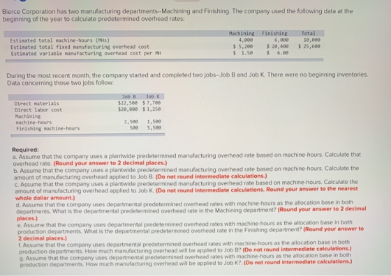Bierce Corporation has two manufacturing departments--Machining and Finishing. The company used the following data at the beg