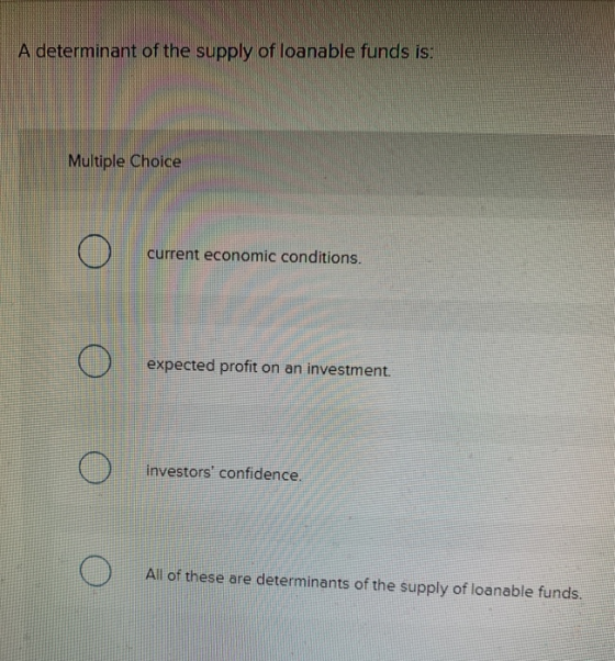 A determinant of the supply of loanable funds is: Multiple Choice current economic conditions. expected profit on an investme