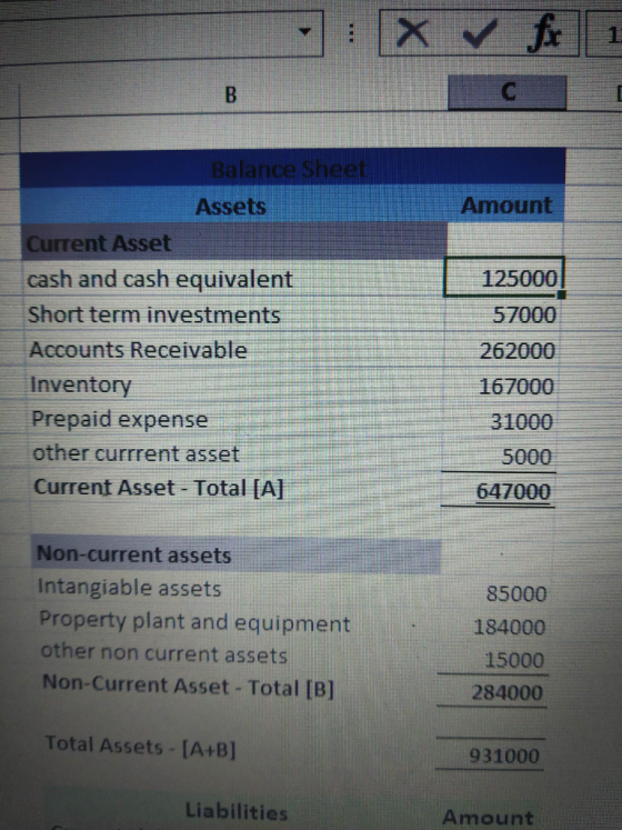 D : X ✓ for 1 B IL Balance Sheet Assets Amount Current Asset cash and cash equivalent Short term investments Accounts Receiva