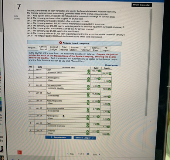 Return to question 0.15 points Prepare journal entries for each transaction and identify the financial statement impact of ea