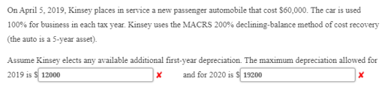 On April 5, 2019, Kinsey places in service a new passenger automobile that cost $60,000. The car is used 100% for business in