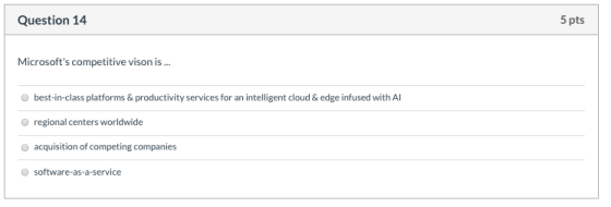 Question 14 5 pts Microsofts competitive vison is... best-in-class platforms & productivity services for an intelligent clou