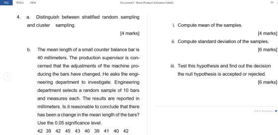 FILE TOOLS VIEW Documents - Word (Product Activation Failed) 4. a. Distinguish between stratified random sampling and cluster