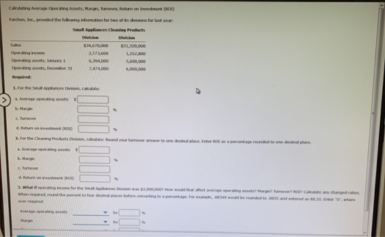 Calculating Average Operating Assets, Margin, Turnover, Return on investment (RON) Forchen, in provided the following informa