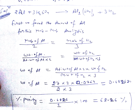 Sol 2 Al + 3 H₂ Say Ale (sou) +342 first found the Amount of Al for this mole-mare Analysis Mole of Al Mole of the 3 wt. of p