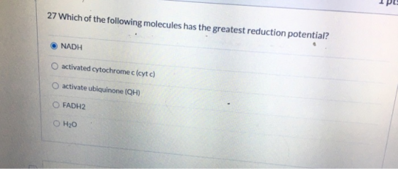 27 Which of the following molecules has the greatest reduction potential? NADH activated cytochrome (cytc) O activate ubiquin