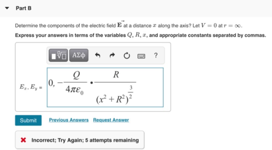 - Part B Determine the components of the electric field E at a distance : along the axis? Let V = 0 at r = 0. Express your an