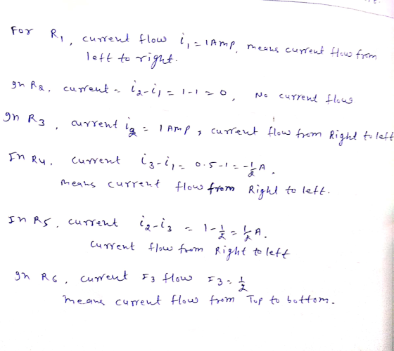 for R, current flow l, = 1 Amp left to right. meats current How from I gh Ra, current a lg-ii=1-1-0 No current flow gn R3, cu