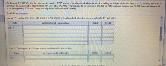 On January 1, 2018, Cooley, Inc. decides to invest in 8,750 shares of Yearling stock when the stock is selling for $11 per sh