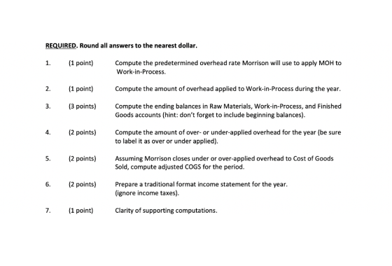 REQUIRED. Round all answers to the nearest dollar. 1. (1 point) Compute the predetermined overhead rate Morrison will use to