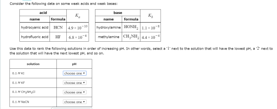 Consider the following data on some weak acids and weak bases: acid K. name formula name base Kg formula hydroxylamine HONH,